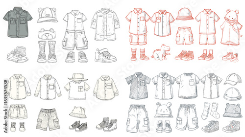 Hand-drawn sketch set of kids clothing including shirts, shorts, hats, shoes, and accessories, perfect for children’s fashion and apparel design projects.