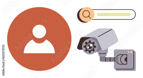 Profile icon, search bar, and surveillance camera representing online privacy, data protection, and monitoring. Ideal for security, surveillance, privacy, data transparency technology and ethics