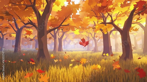 Autumn forest with falling leaves and golden sunlight filtering through trees Vector illustration of