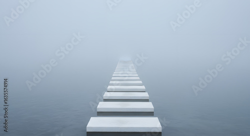 Ethereal pathway: Floating steps disappearing into a mysterious fog, symbolizing journey