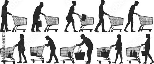 Silhouette of diverse people pushing shopping carts, grocery shopping, carrying bags, supermarket, consumer behavior, retail, shopping, market, vector illustration, purchasing, lifestyle, commerce