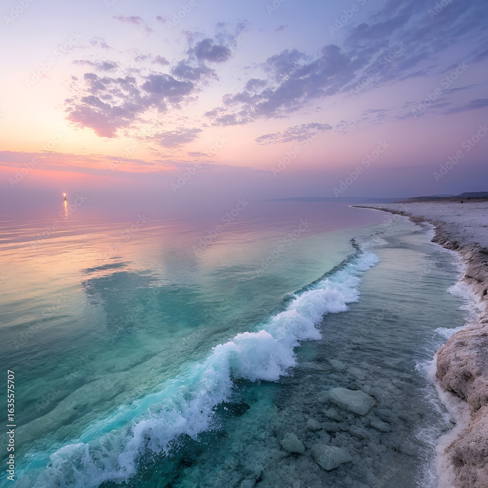 Obraz premium Serene ocean sunset with gentle waves lapping the shore, painted in hues of purple, pink, and orange, creating a tranquil and beautiful evening atmosphere