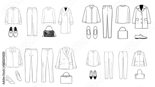 Black and white minimalist sketch set of women’s outfits including coats, blouses, trousers, shoes, and handbags, ideal for fashion design projects.
