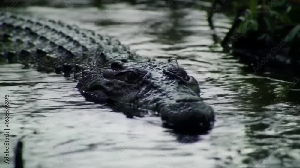 Powerful alligator swimming through dark bayou waters, its head and back breaking the surface in a wild wetland habitat Powerful alligator swimming through dark bayou waters, its head and back breaking the surface in a wild wetland habitat