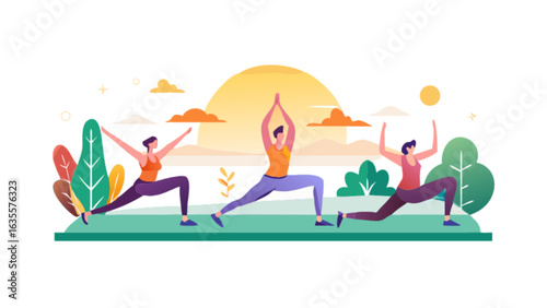 Yoga poses for beginners outdoor fitness class healthy lifestyle exercise and wellness training for flexibility