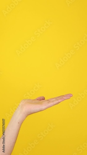 Vertical close-up of hand presenting empty palm-up space on yellow studio background. Ideal for ad banners, UI overlays, product launches, digital signage, marketing tutorials and Black Friday promos.