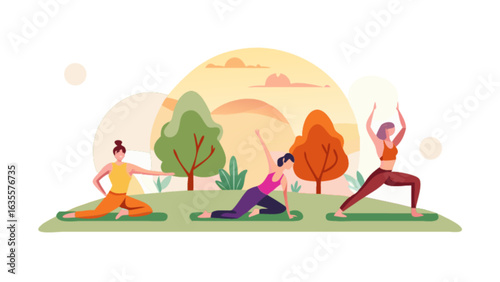 Yoga poses for beginners outdoor fitness class healthy lifestyle exercise and wellness training in nature park