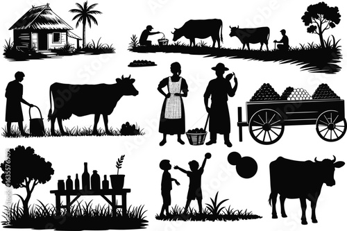 Rural farming village scene with farmers, cows, children, hut, tree, cart, milk, agriculture, countryside life silhouette illustration
