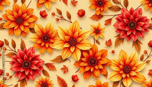 Autumn floral seamless vector pattern  Warm-toned fall flowers on a textured background, ideal for various surfaces, plant, texture