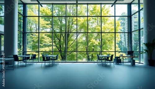 Blurred view of empty modern office with large windows overlooking lush green trees, peaceful, light