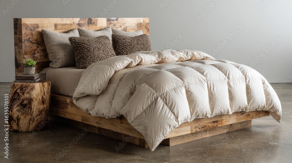 Obraz premium Cozy and Elegant Bedroom with Natural Wood Headboard and Soft Beige Bedding in Contemporary Interior Design Style