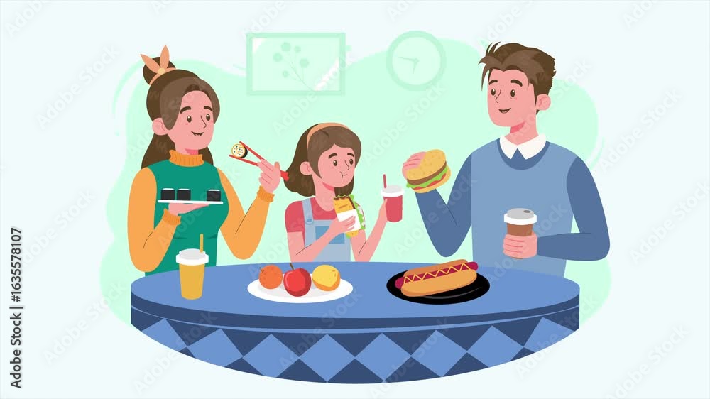 Loop animation of a cheerful family enjoying fast food and sushi together at the table. Perfect for themes of family bonding, diverse meals, lifestyle, and modern cartoon illustration. Loop animation of a cheerful family enjoying fast food and sushi together at the table. Perfect for themes of family bonding, diverse meals, lifestyle, and modern cartoon illustration.
