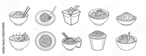 Noodle Dishes Line Art Collection Featuring Ramen Spaghetti Lo Mein Udon Pho Soba and More Designs