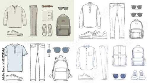 Modern minimalist sketch set of men’s casual outfits including jeans, shirts, sneakers, watch, sunglasses, and backpack, perfect for fashion design and style concepts.