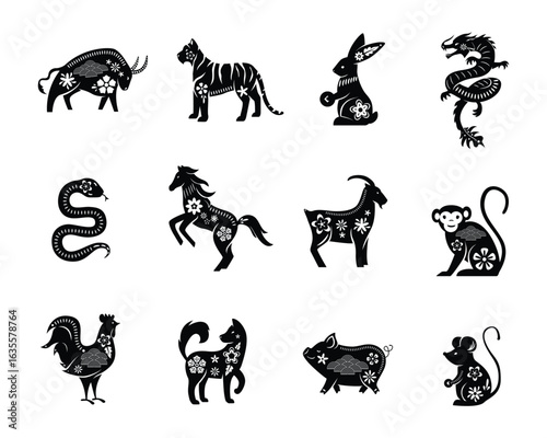 chinese zodiac animals twelve asian new year set collection pack bundle black shape icon silhouette vector flat illustration design on white background