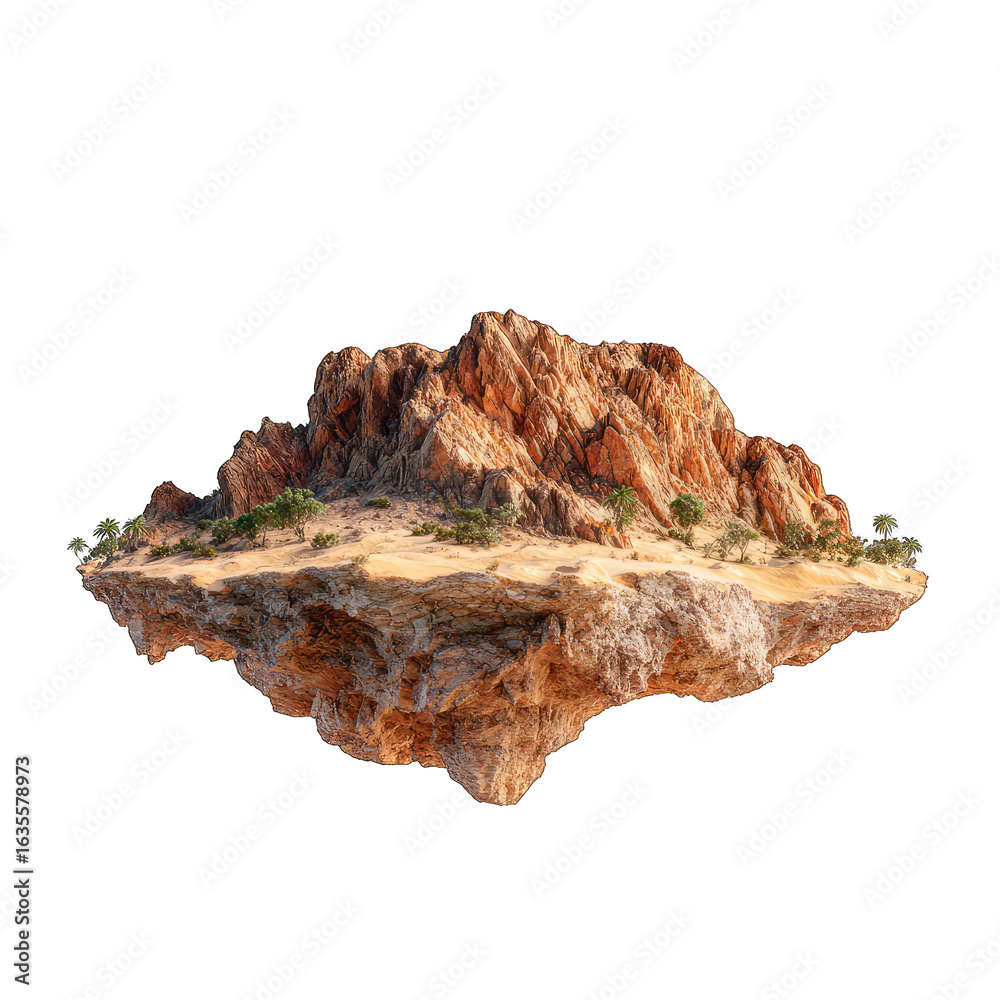 Fototapeta premium Floating desert island, surreal landscape, arid climate, sunlit background, tourism poster