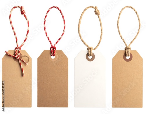 Four blank gift tags with twine loops