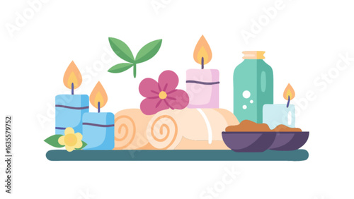 Spa and wellness relaxation scene with candles towels and flower for aromatherapy and massage therapy concept