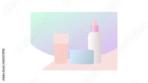 Skincare product photography for beauty routine with serum bottle moisturizer and cream in pastel colors