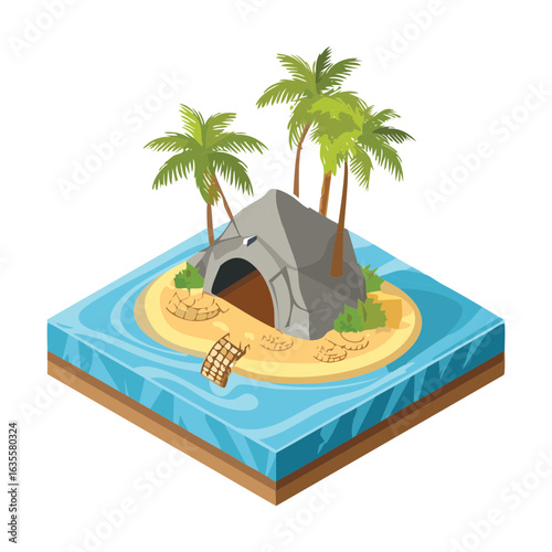 Small Island with a Cave and Palm Trees