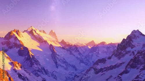Majestic snow-capped mountains at sunrise with purple sky peaks sunset Vector illustration of