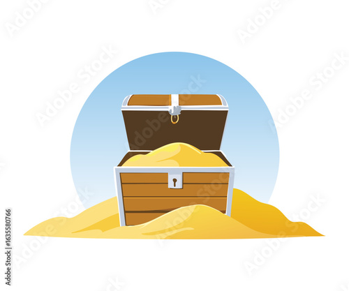 Open Wooden Treasure Chest on Sand