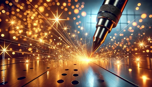 A high-tech industrial laser cutting through a metal surface, showcasing dramatic sparks flying in various directions