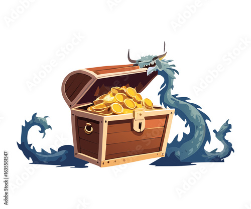 Dragon Guarding Treasure Chest with Gold