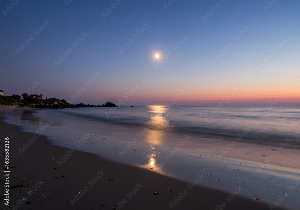 Fototapeta premium Moonlit Beach: Tranquil Coastal Evening Scene