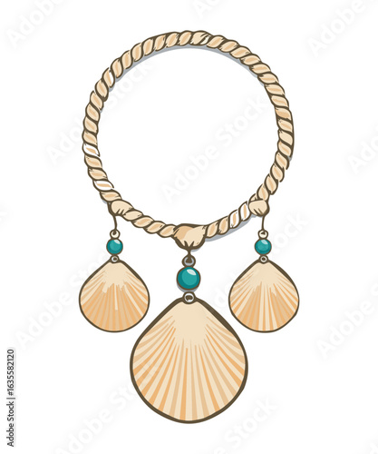 Rope Necklace with Seashell and Bead Pendants