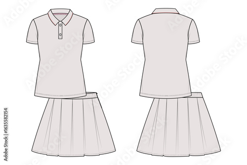 Girls Short Sleeve Polo and Short Skirt Set Fashion Flat Sketch Vector Illustrator Template.