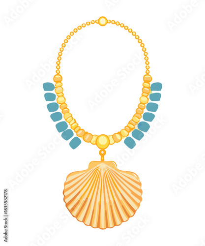 Gold Necklace with Blue and Shell Pendants