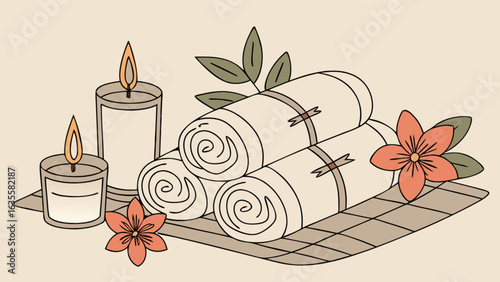 Spa day relaxation concept with rolled towels candles and flowers for wellness and self care at home