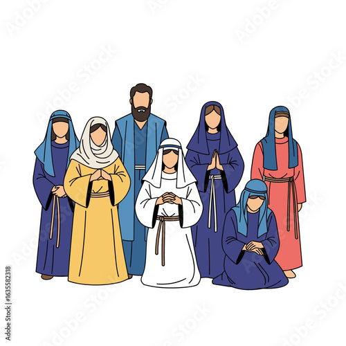 Biblical group depicting religious figures gathered together in ancient garments representing faithful devotion and spiritual community