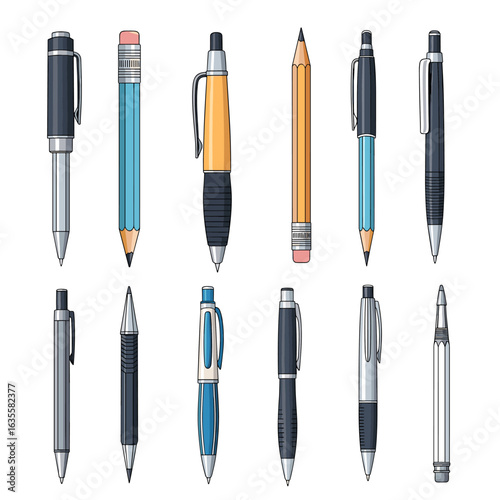 Collection of writing utensils including pencils pens and mechanical pencils for everyday use and artistic creation