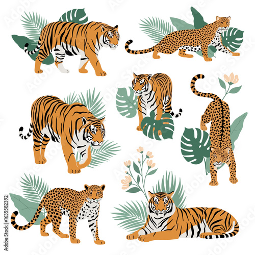 Majestic big cats roaming through lush tropical foliage and delicate flowers in a wild nature scene