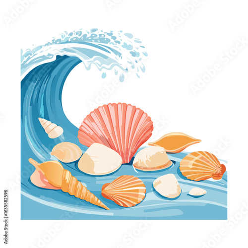 Colorful Seashells On The Seafloor With A White Wave