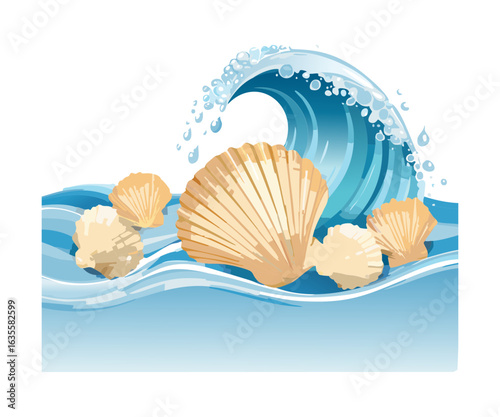 Beautiful Seashells On The Seafloor With A Crashing Wave