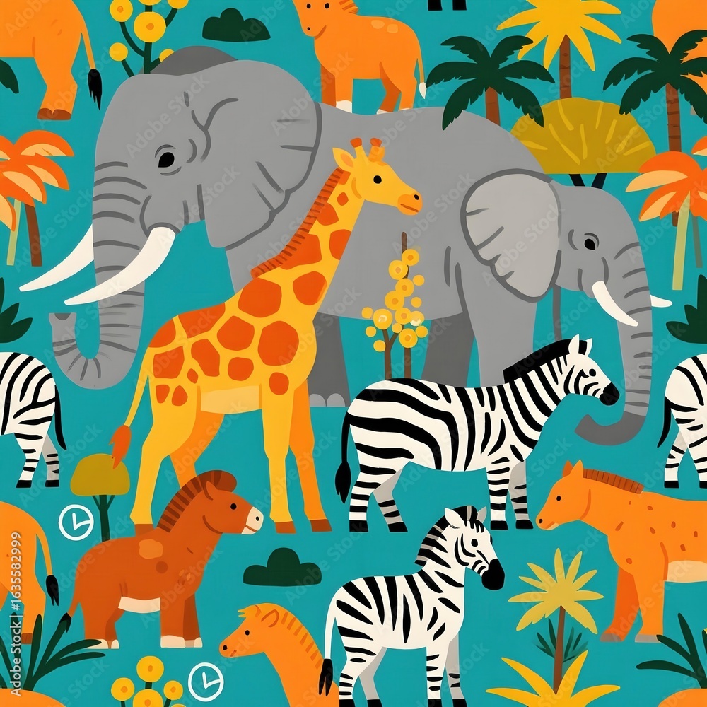 Fototapeta Seamless pattern with cute african animals. Elephant, leopard, giraffe, zebra and crocodile. Vector illustration in flat style.