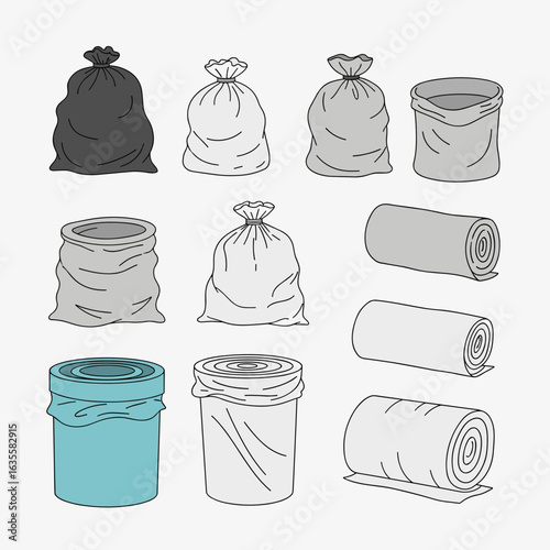 Collection of various types of garbage bags and trash can liners for waste management and disposal needs