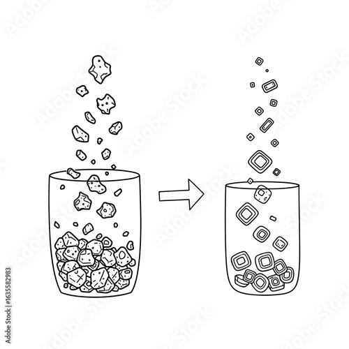 Dissolution of solids in water demonstrating chemical reaction and molecular transformation over time