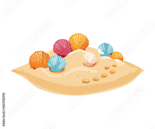 A colorful group of seashells on a sandy ground