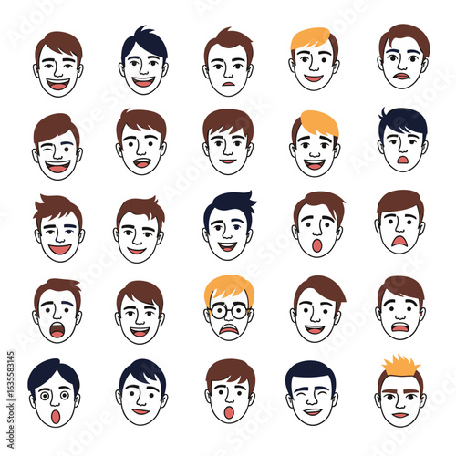 A collection of diverse male facial expressions and emotions depicted in a cartoon style offering a range of human feelings