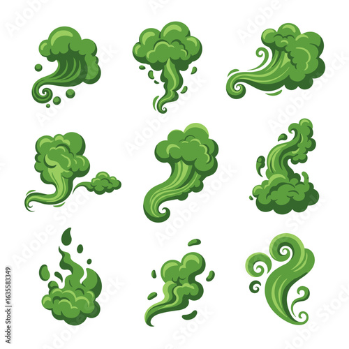 Collection of green fumes and smells illustrating pollution and bad odors in various shapes and forms