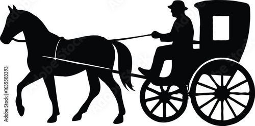 A monochrome vector silhouette of a horse and carriage with a driver, symbolizing classic, old-fashioned travel and transportation.