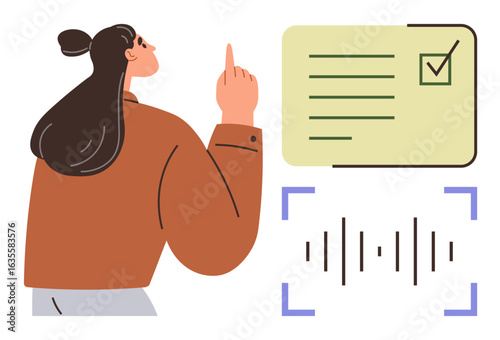 Woman interacting with voice recognition interface, checklist confirmation process alongside sound wave graphic. Ideal for technology, automation, communication, personal organization, digital