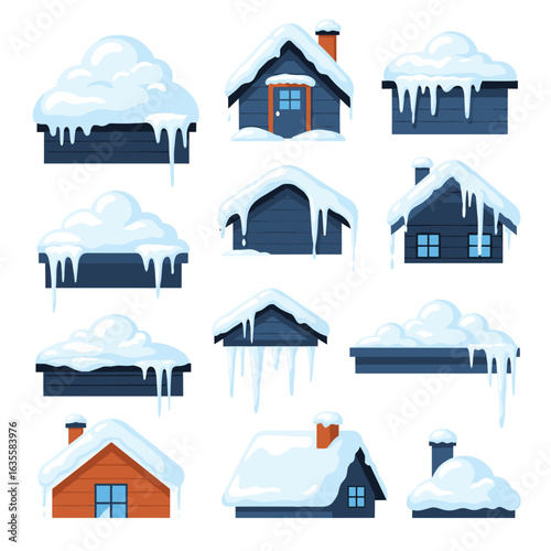 Winter snow covered rooftops of cozy houses decorated with icicles during a cold season