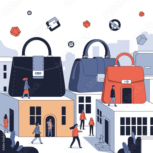 Illustrative scene of people interacting with oversized handbags in a miniature cityscape
