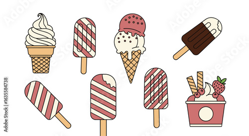 A delicious collection of frozen treats showcasing various flavors and styles of ice cream cones and popsicles perfect for summer enjoyment