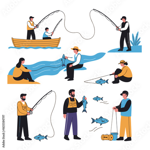 People enjoying recreational fishing activities in various outdoor settings